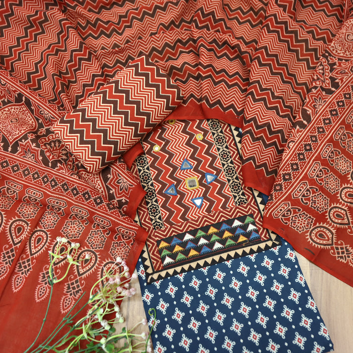 Vaniya Denim Blue Zig-Zag Print Mirror Yoke Ajrakh Print Cotton Set
