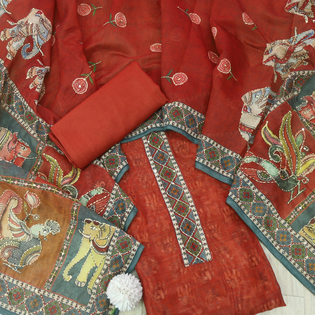 Rubi Rust Orange Digital Printed Kantha Work Chanderi Suit Set