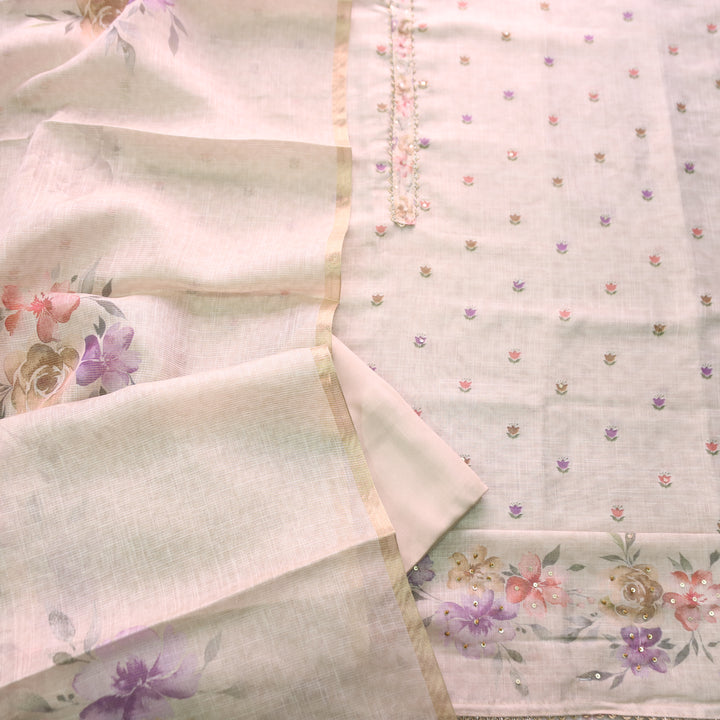 Bareli Sand Beige Digital Floral Printed and Hemline Shimmer Tissue Linen Set