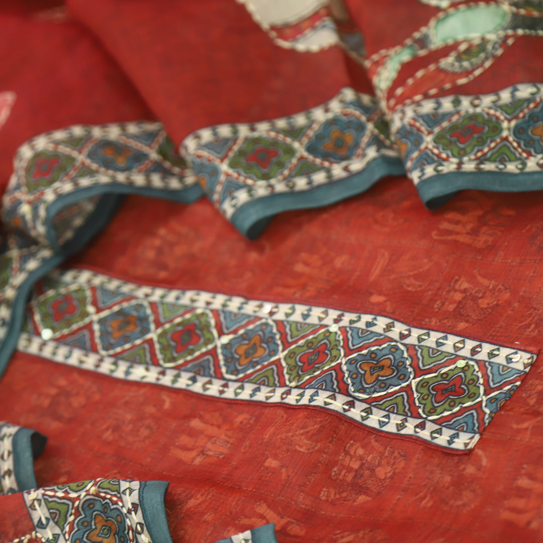 Rubi Rust Orange Digital Printed Kantha Work Chanderi Suit Set