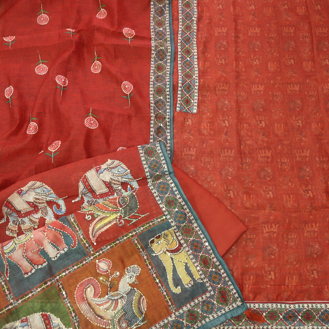 Rubi Rust Orange Digital Printed Kantha Work Chanderi Suit Set