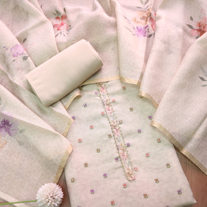 Bareli Sand Beige Digital Floral Printed and Hemline Shimmer Tissue Linen Set
