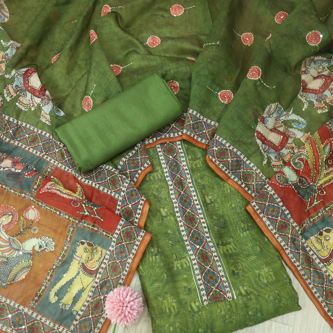 Rubi Forest Green Digital Printed Kantha Work Chanderi Suit Set