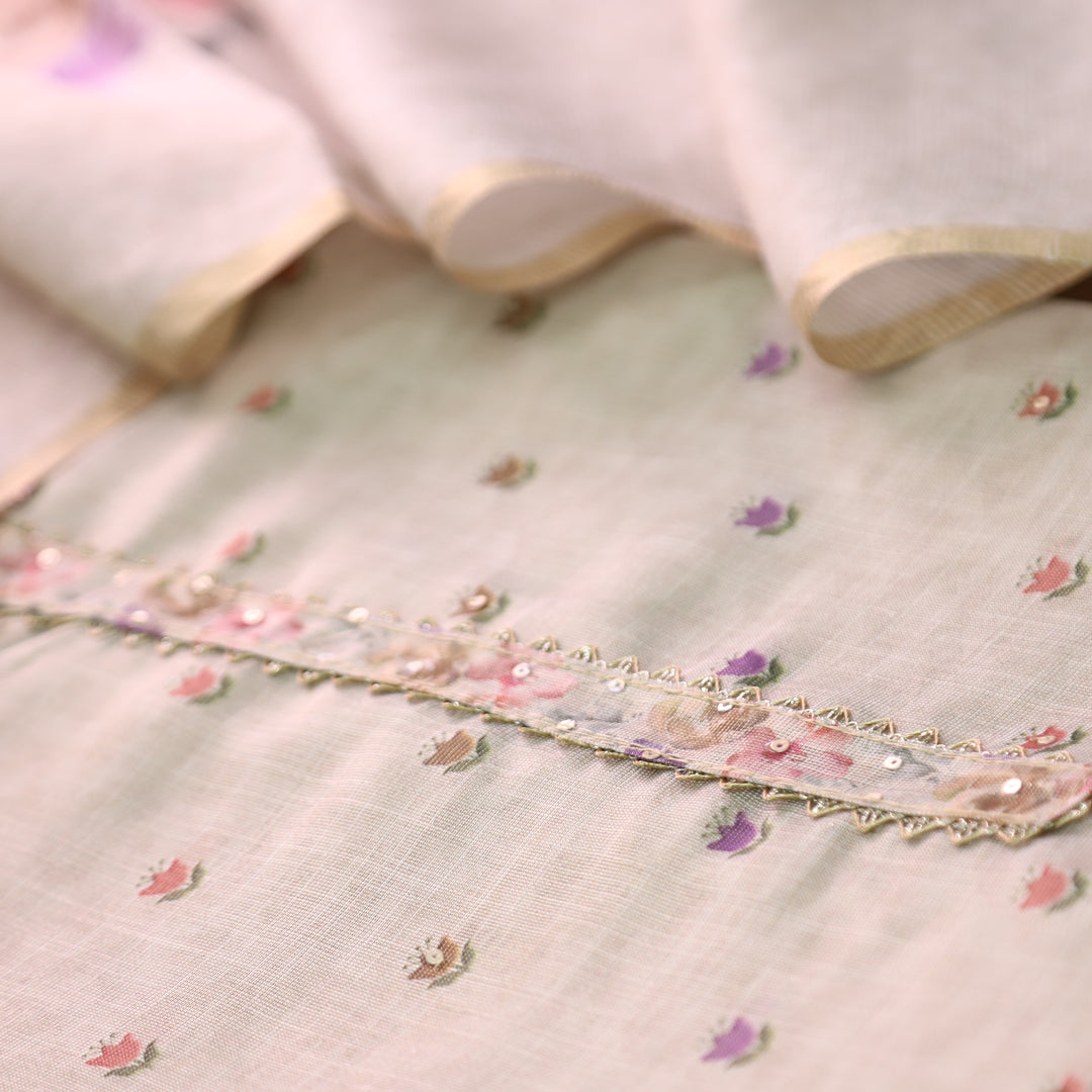 Bareli Sand Beige Digital Floral Printed and Hemline Shimmer Tissue Linen Set