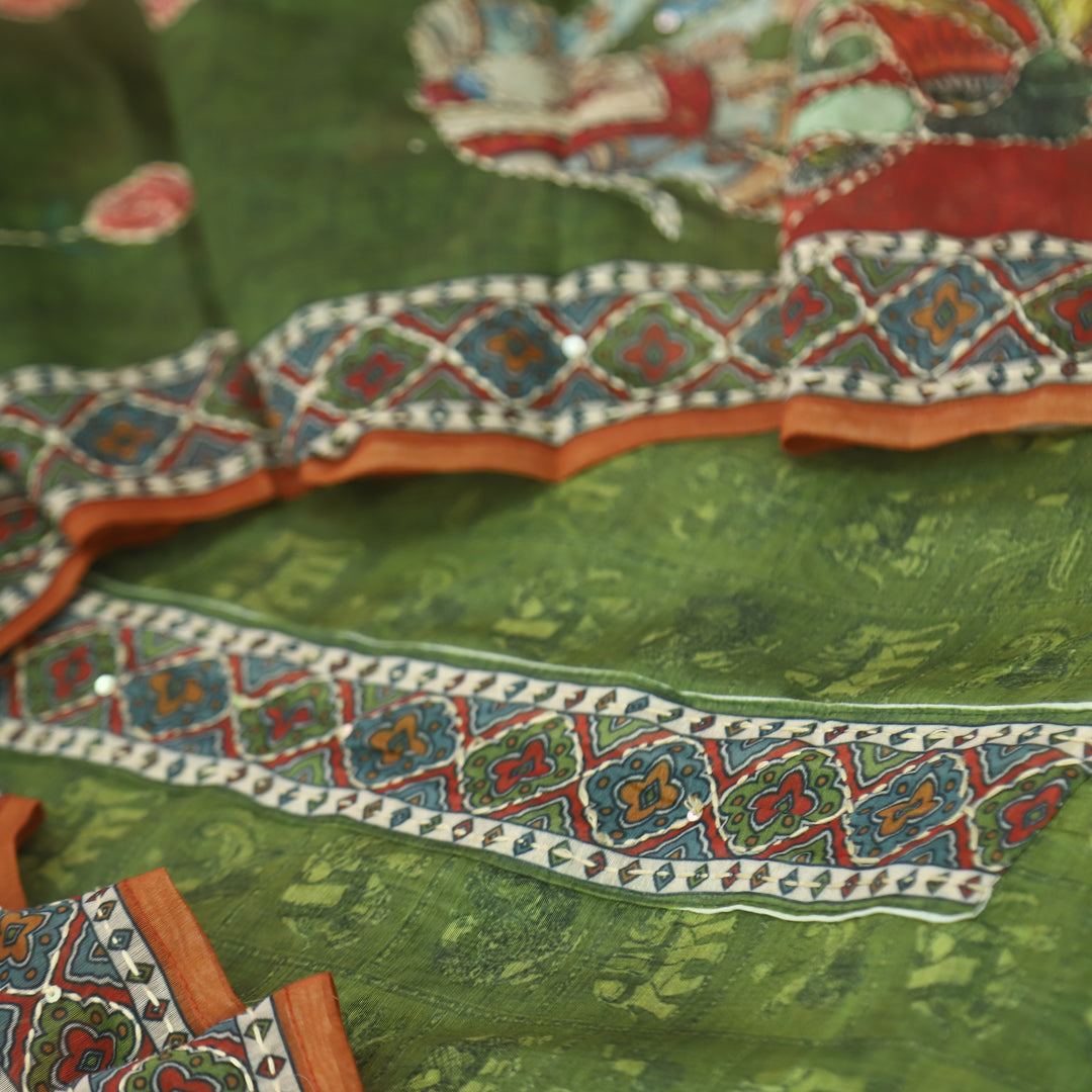 Rubi Forest Green Digital Printed Kantha Work Chanderi Suit Set