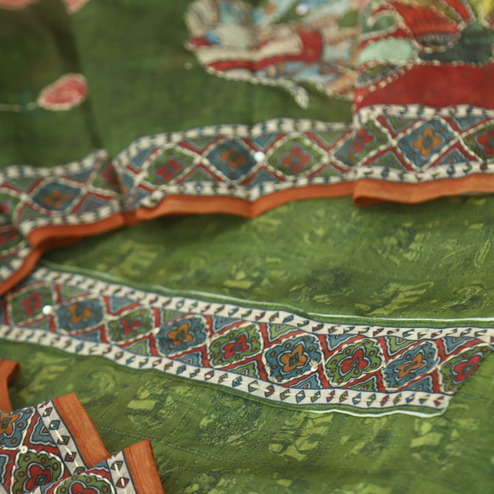 Rubi Forest Green Digital Printed Kantha Work Chanderi Suit Set
