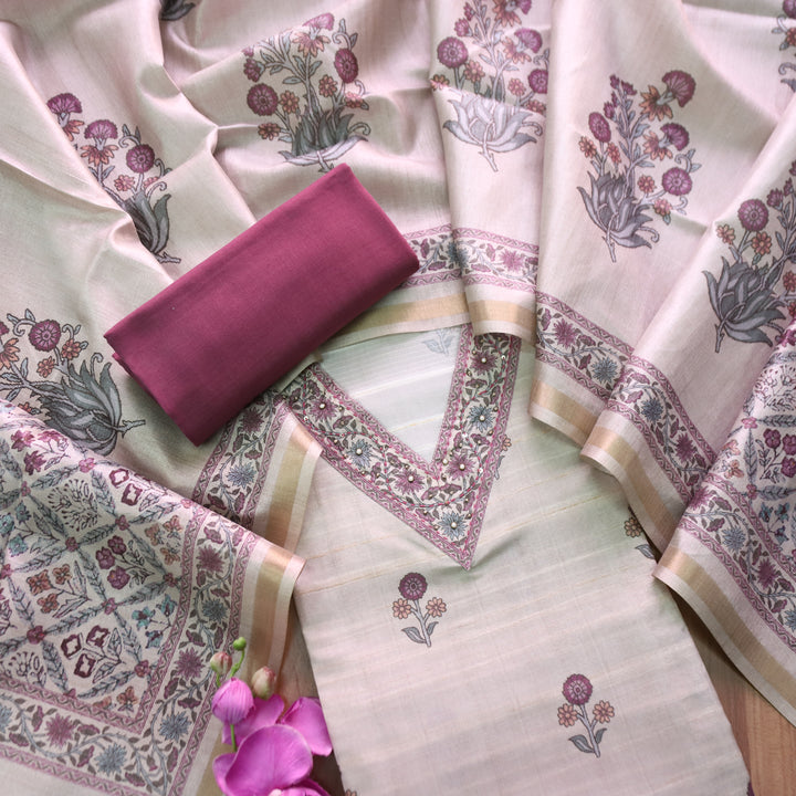 Faraana Beige with Purple Floral Print and Moti V Neck Tussar Chanderi Silk Set