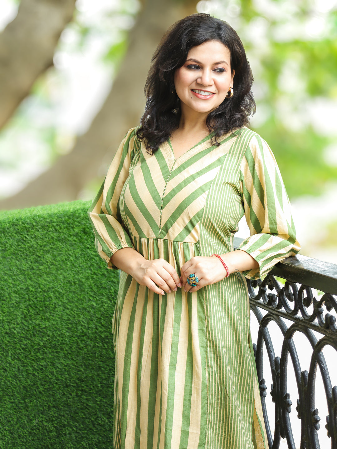 Anjani Beige Sage Green Stripe Print 2 Piece Set