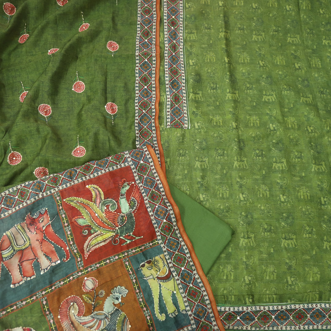 Rubi Forest Green Digital Printed Kantha Work Chanderi Suit Set
