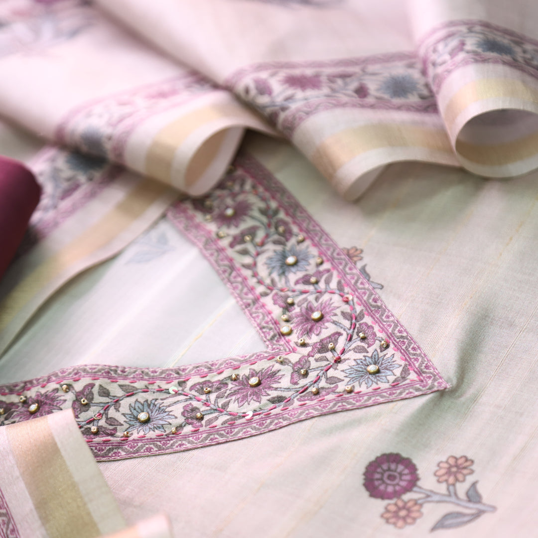 Faraana Beige with Purple Floral Print and Moti V Neck Tussar Chanderi Silk Set