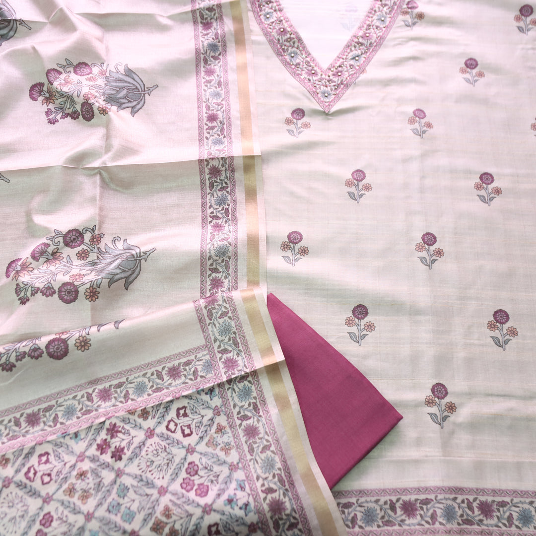 Faraana Beige with Purple Floral Print and Moti V Neck Tussar Chanderi Silk Set