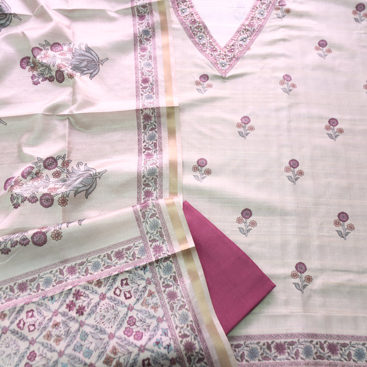 Faraana Beige with Purple Floral Print and Moti V Neck Tussar Chanderi Silk Set