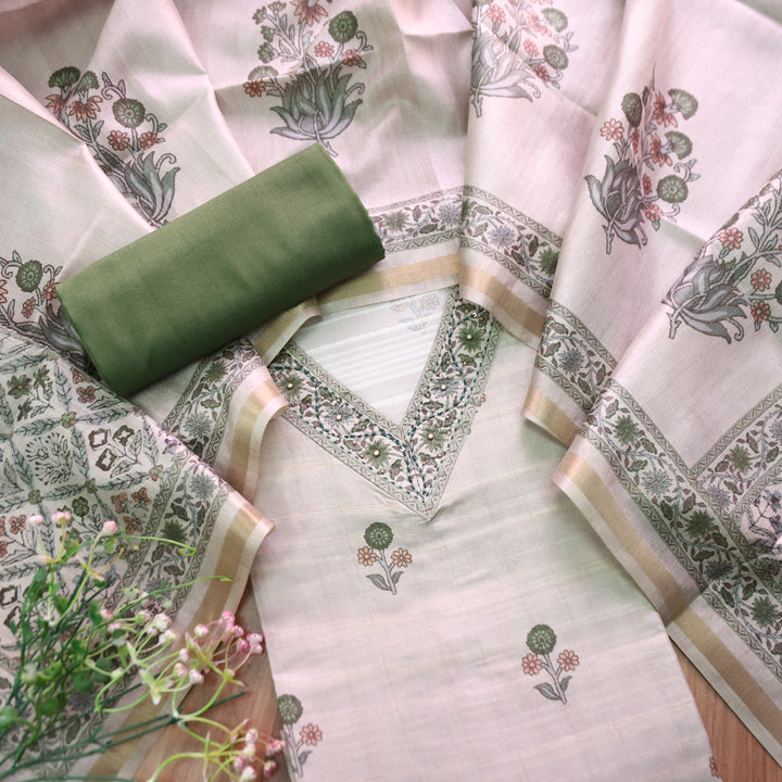 Faraana Beige with Green Floral Print and Moti V Neck Tussar Chanderi Silk Set