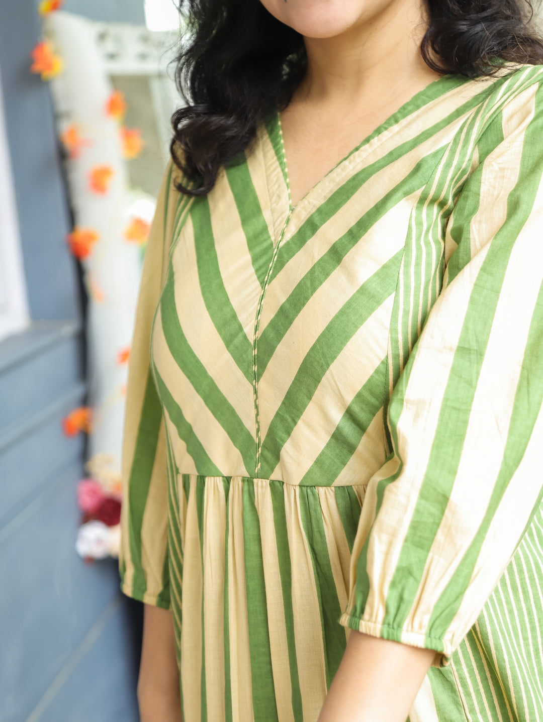 Anjani Beige Sage Green Stripe Print 2 Piece Set