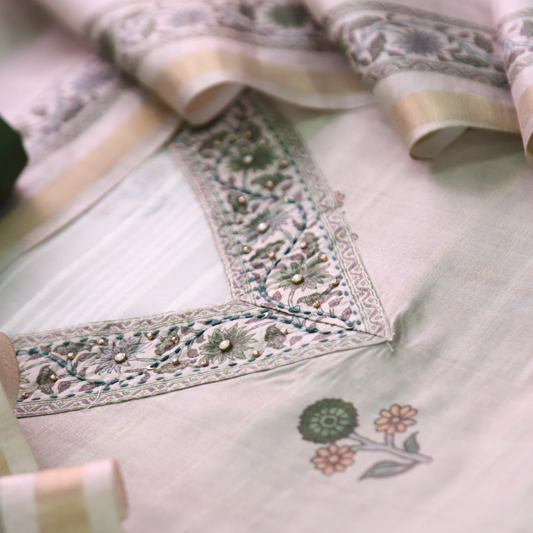 Faraana Beige with Green Floral Print and Moti V Neck Tussar Chanderi Silk Set