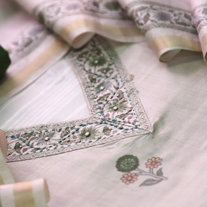 Faraana Beige with Green Floral Print and Moti V Neck Tussar Chanderi Silk Set