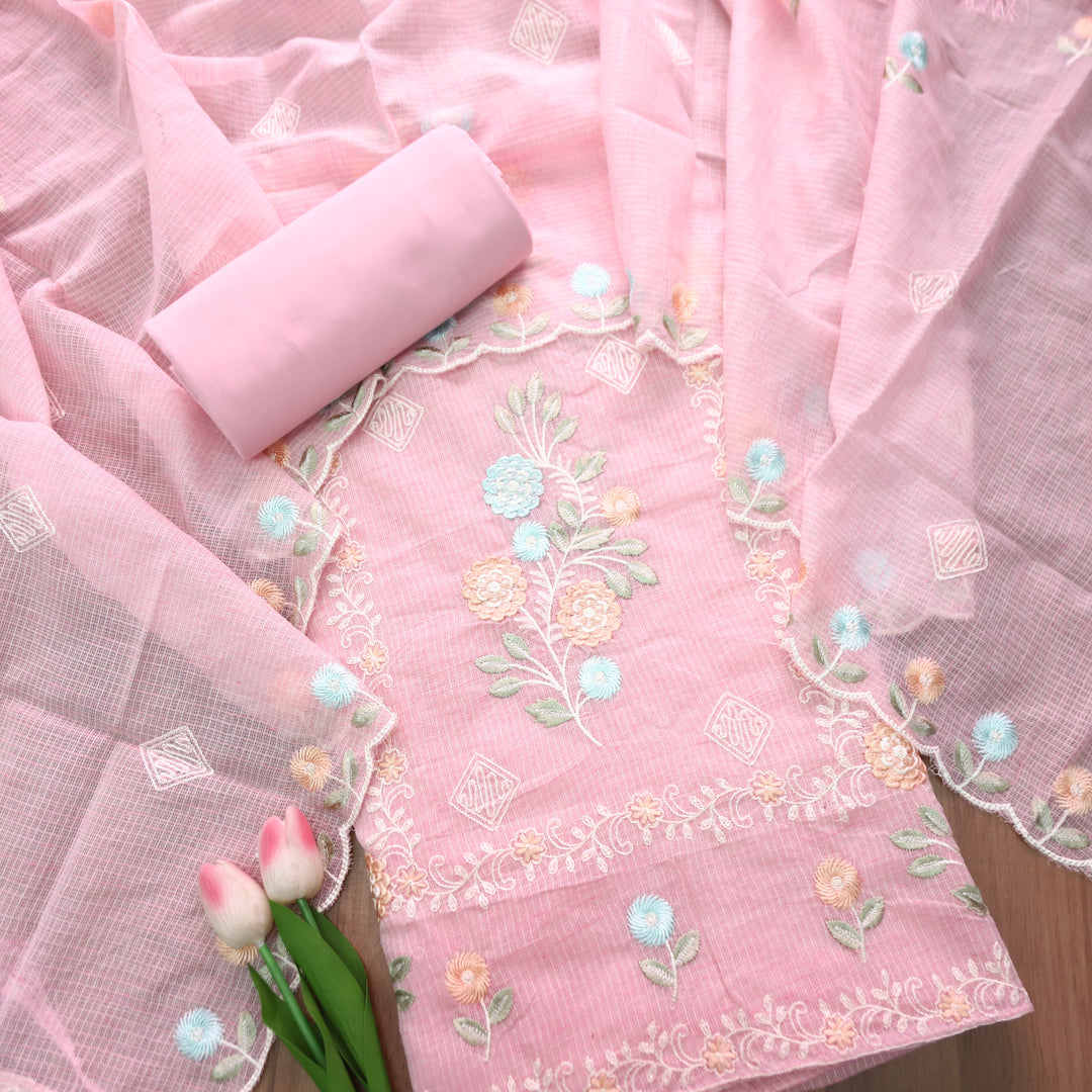 Yaleen Pink All Over Panel Thread Embroidered Kota Doriya Set
