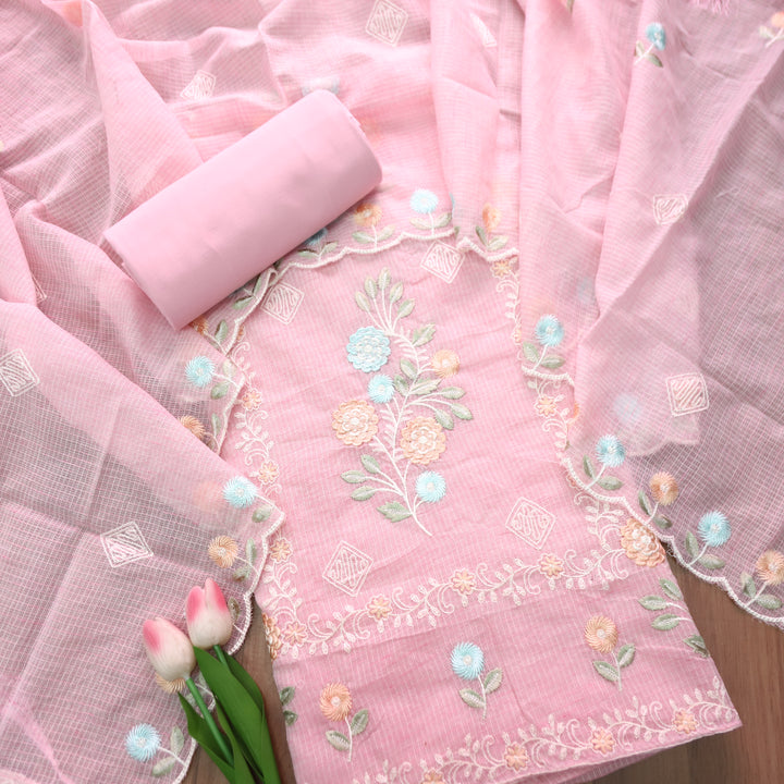 Yaleen Pink All Over Panel Thread Embroidered Kota Doriya Set
