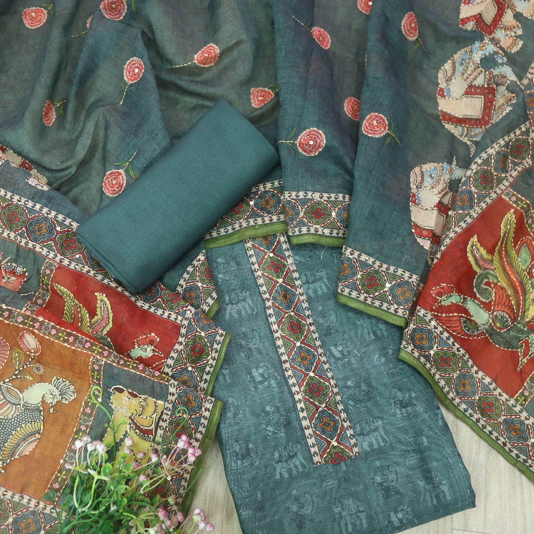 Rubi Shadow Grey Digital Printed Kantha Work Chanderi Suit Set