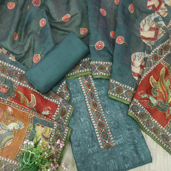 Rubi Shadow Grey Digital Printed Kantha Work Chanderi Suit Set