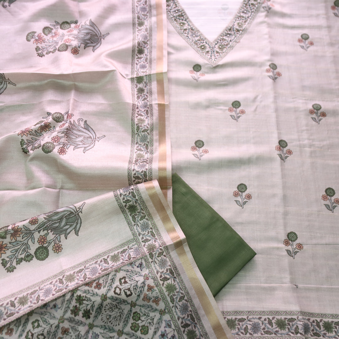 Faraana Beige with Green Floral Print and Moti V Neck Tussar Chanderi Silk Set