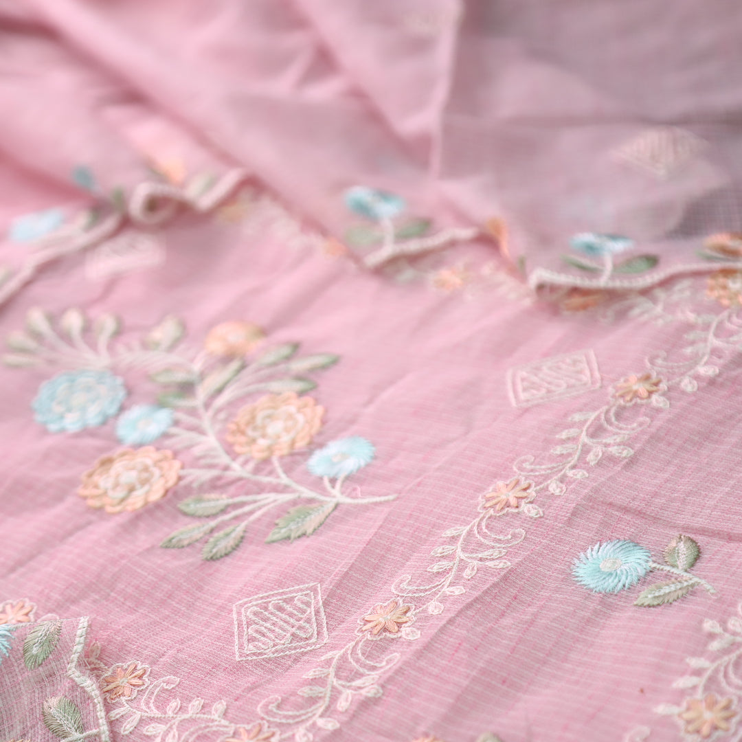 Yaleen Pink All Over Panel Thread Embroidered Kota Doriya Set
