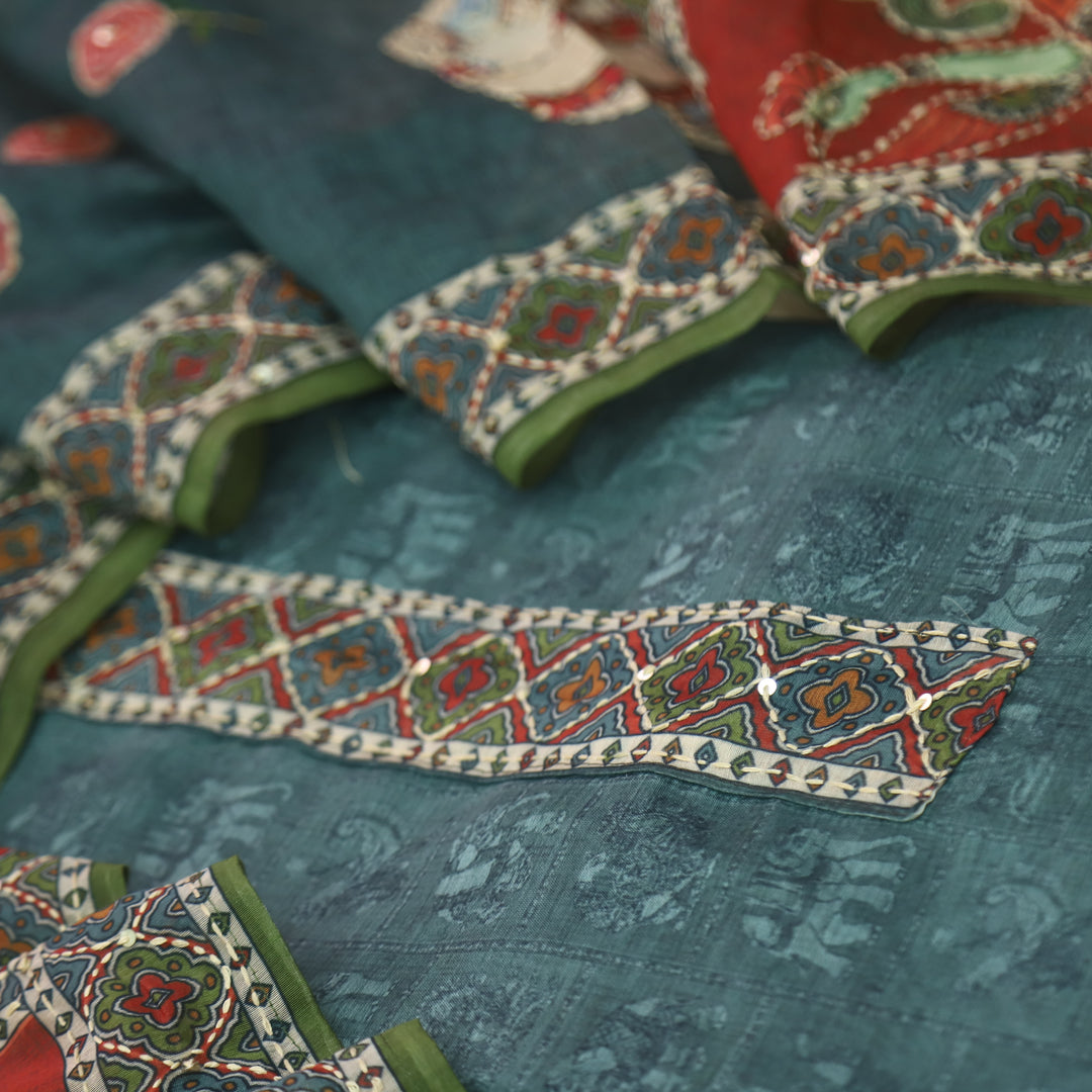 Rubi Shadow Grey Digital Printed Kantha Work Chanderi Suit Set