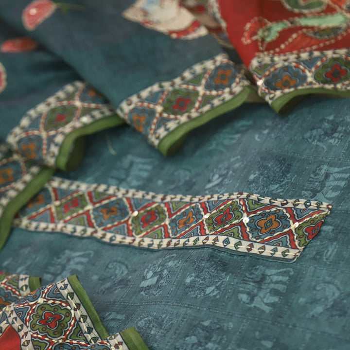 Rubi Shadow Grey Digital Printed Kantha Work Chanderi Suit Set