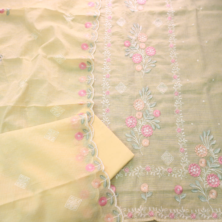 Yaleen Yellow All Over Panel Thread Embroidered Kota Doriya Set