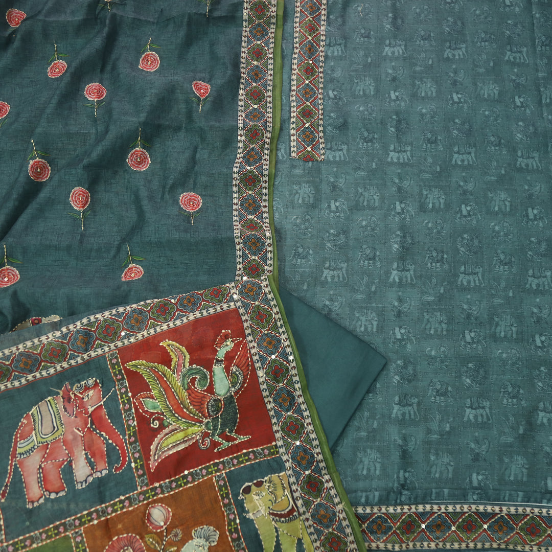 Rubi Shadow Grey Digital Printed Kantha Work Chanderi Suit Set