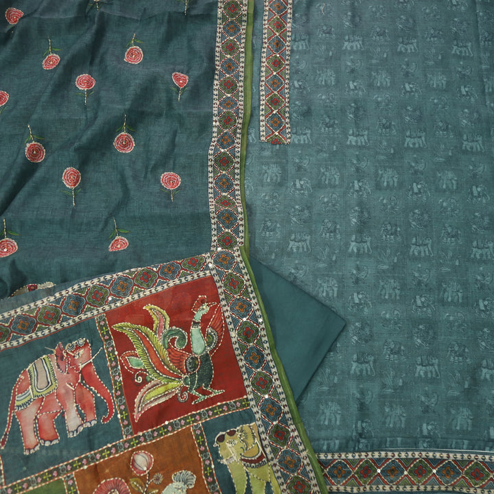 Rubi Shadow Grey Digital Printed Kantha Work Chanderi Suit Set