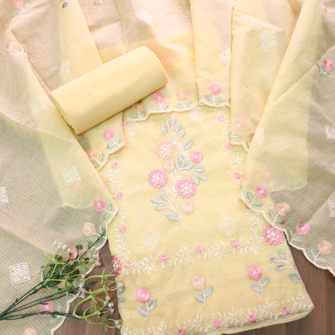 Yaleen Yellow All Over Panel Thread Embroidered Kota Doriya Set