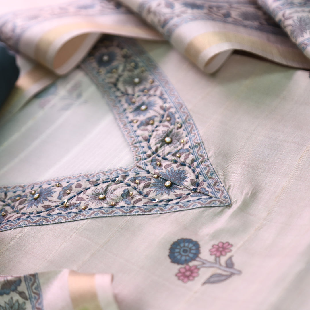 Faraana Beige with Teal Floral Print and Moti V Neck Tussar Chanderi Silk Set