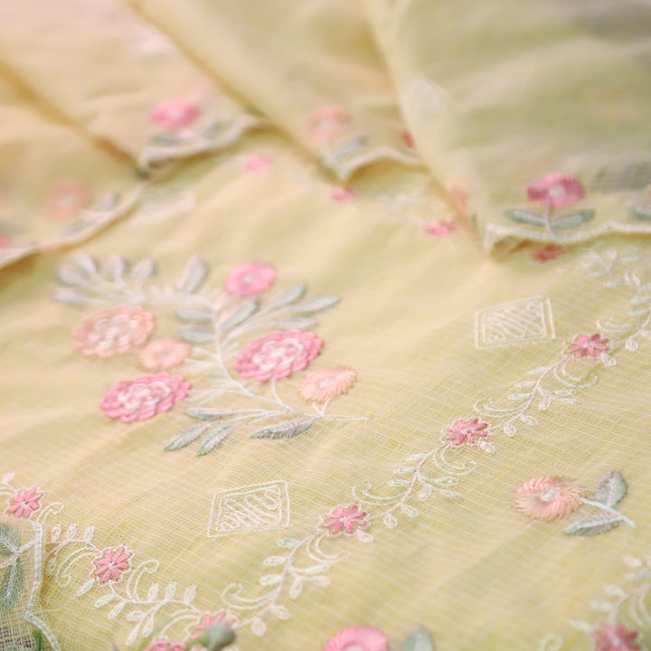 Yaleen Yellow All Over Panel Thread Embroidered Kota Doriya Set