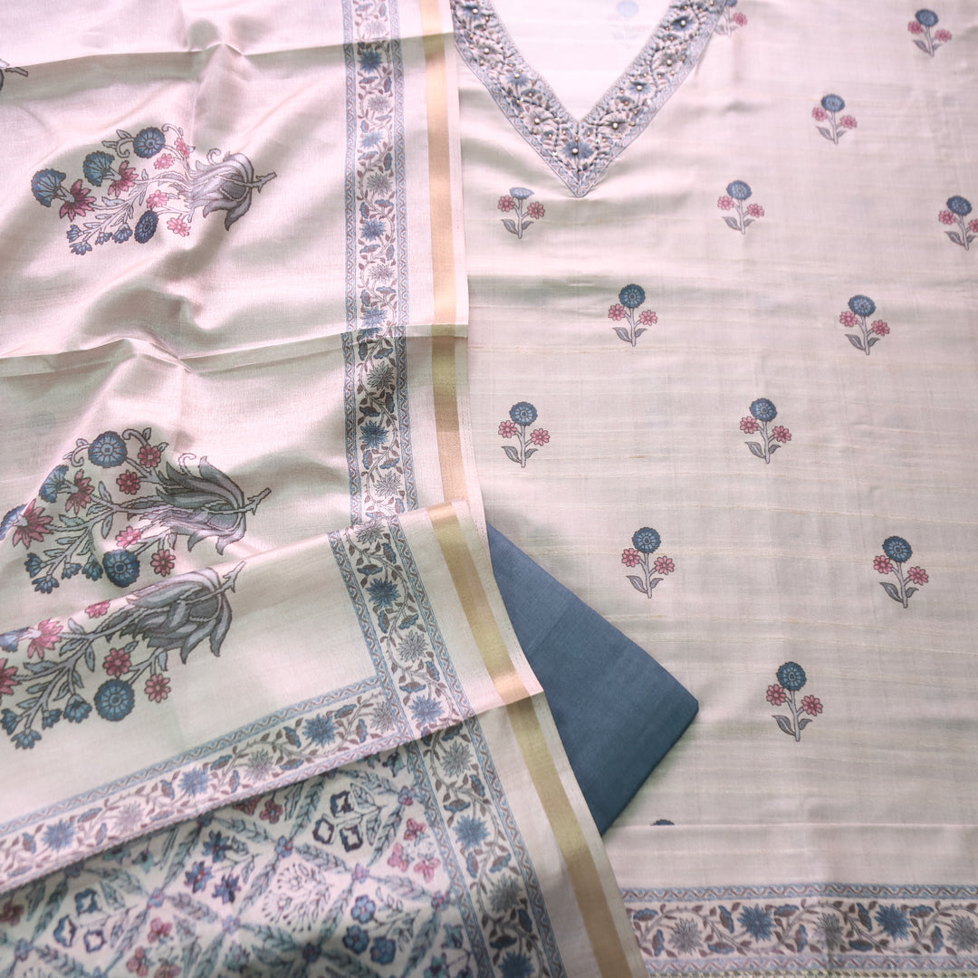 Faraana Beige with Teal Floral Print and Moti V Neck Tussar Chanderi Silk Set