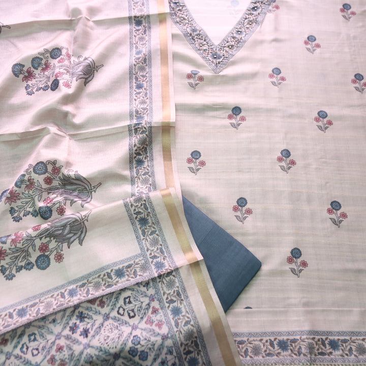 Faraana Beige with Teal Floral Print and Moti V Neck Tussar Chanderi Silk Set