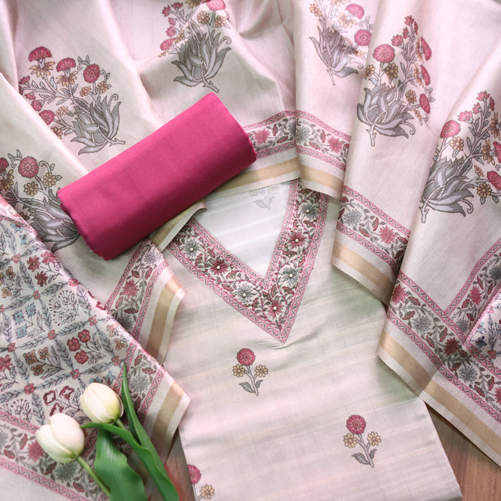 Faraana Beige with Pink Floral Print and Moti V Neck Tussar Chanderi Silk Set