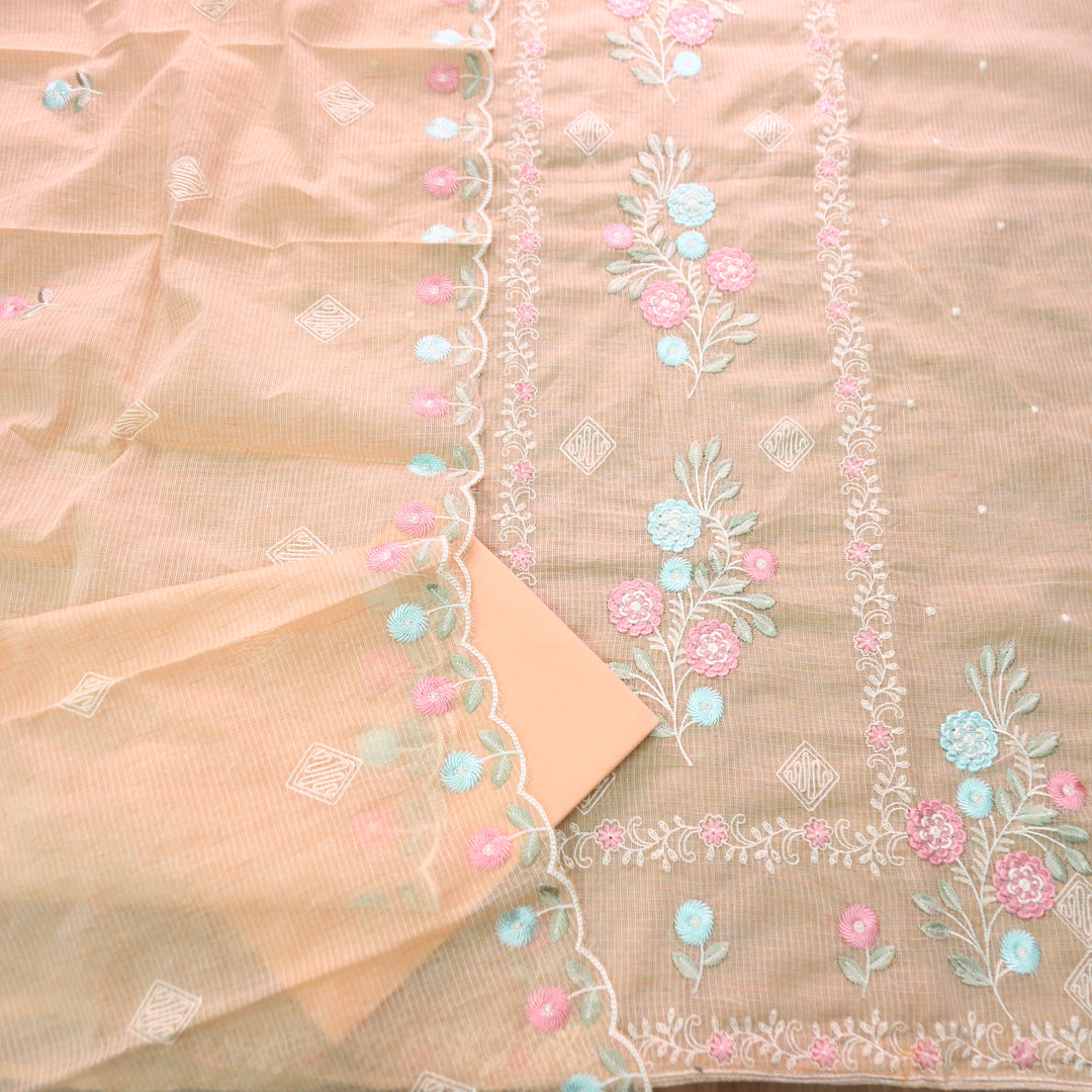 Yaleen Peach All Over Panel Thread Embroidered Kota Doriya Set