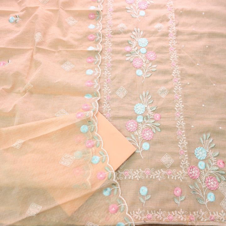 Yaleen Peach All Over Panel Thread Embroidered Kota Doriya Set