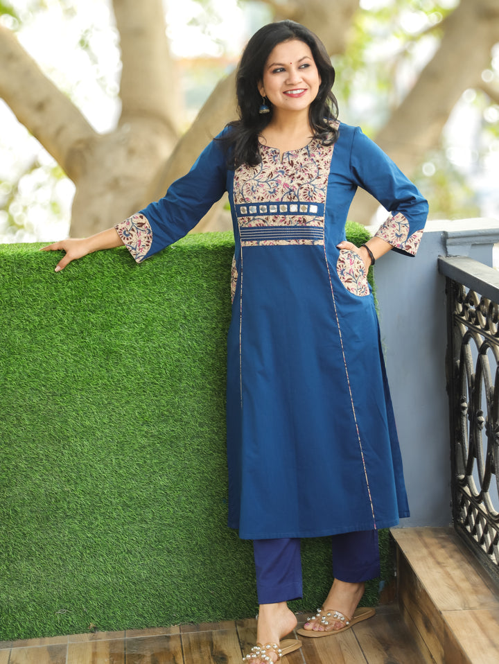 Kusum Royal Blue Running Thread with Mirror Work Kalamakari Yoke Panel Cotton Kurti