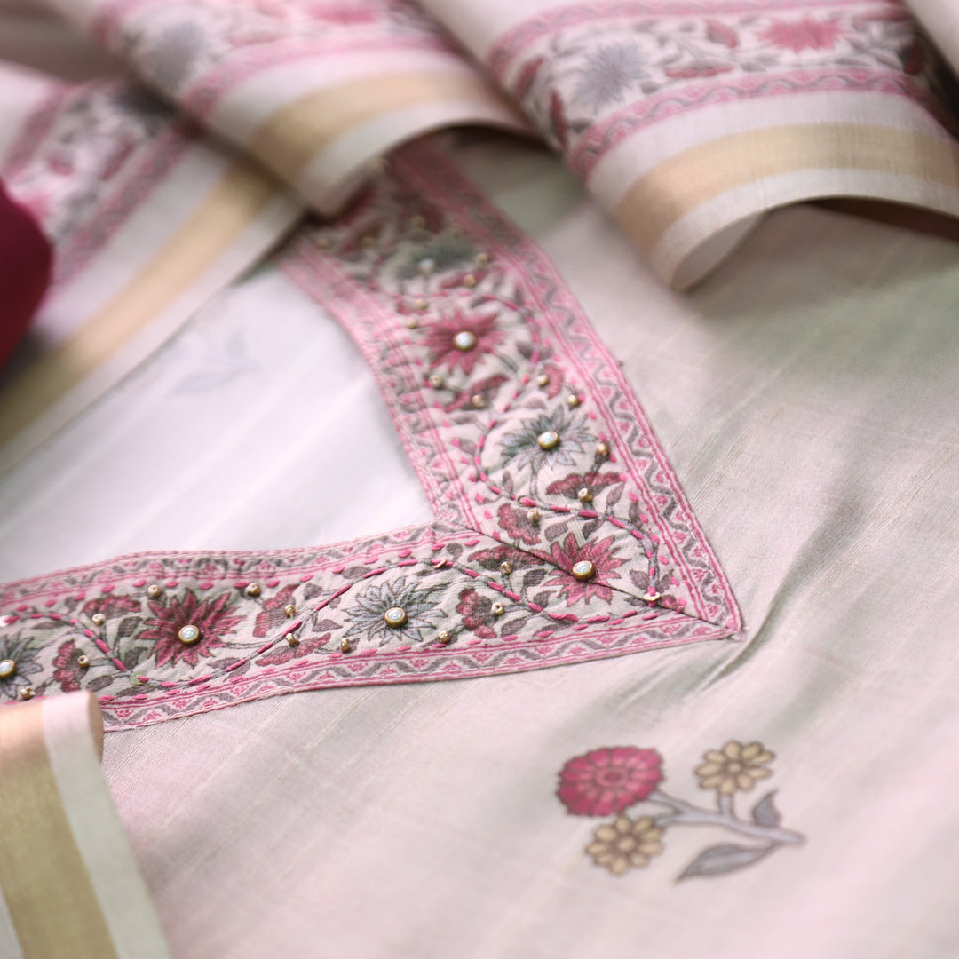 Faraana Beige with Pink Floral Print and Moti V Neck Tussar Chanderi Silk Set