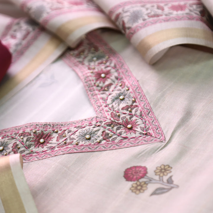 Faraana Beige with Pink Floral Print and Moti V Neck Tussar Chanderi Silk Set