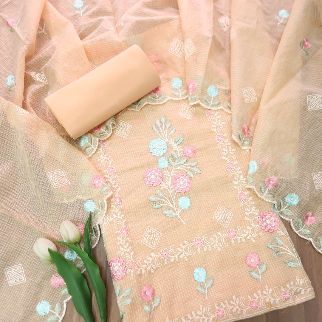 Yaleen Peach All Over Panel Thread Embroidered Kota Doriya Set