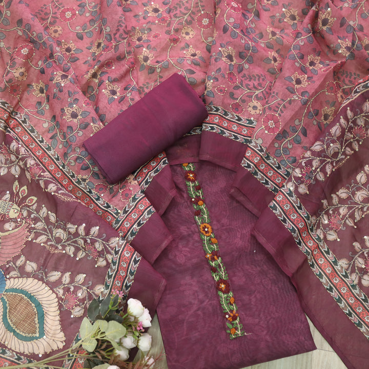 Raabta Vibrant Purple Digital Printed Kantha Work Chanderi Suit Set