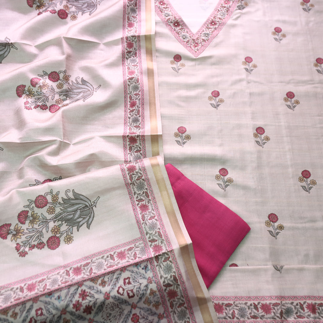 Faraana Beige with Pink Floral Print and Moti V Neck Tussar Chanderi Silk Set