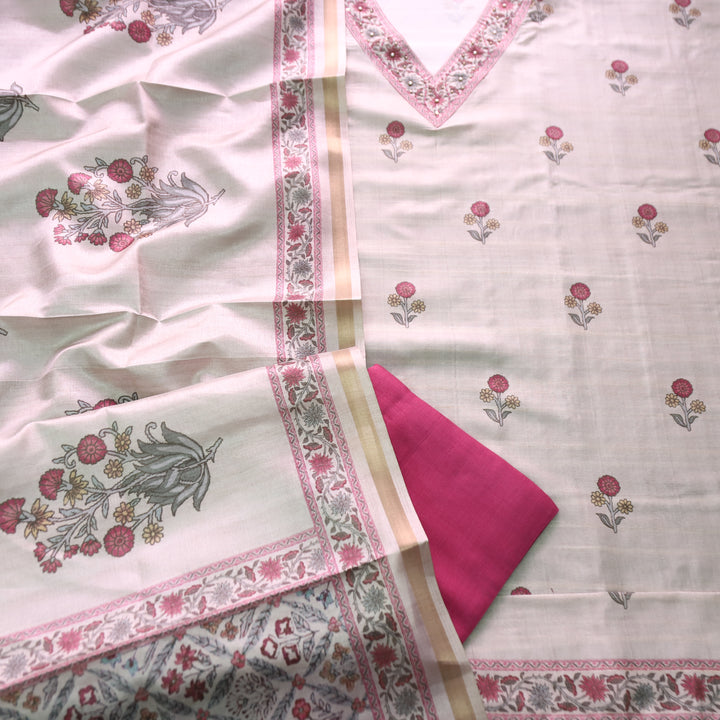 Faraana Beige with Pink Floral Print and Moti V Neck Tussar Chanderi Silk Set