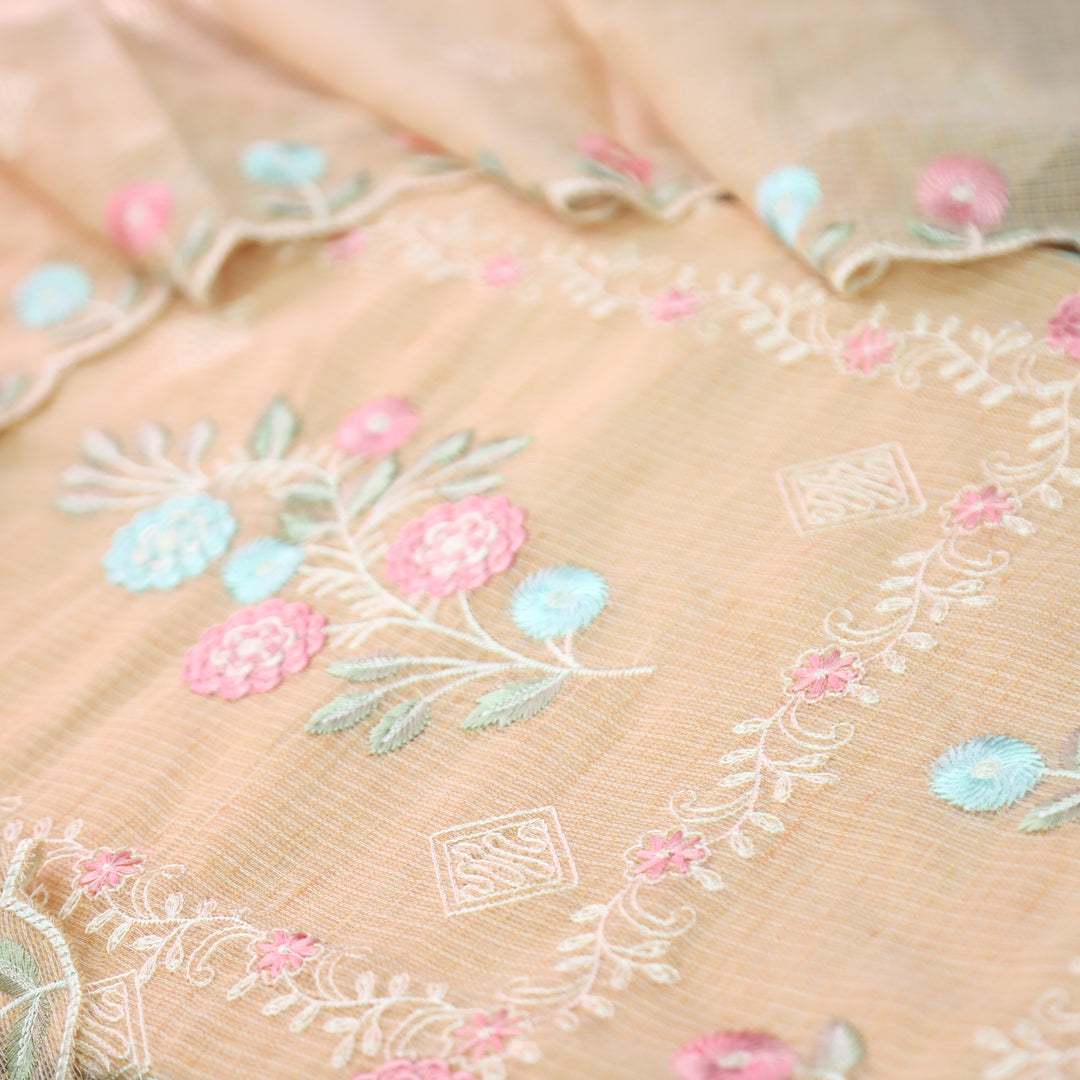 Yaleen Peach All Over Panel Thread Embroidered Kota Doriya Set