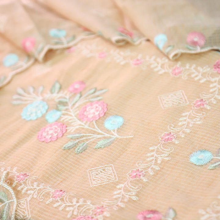 Yaleen Peach All Over Panel Thread Embroidered Kota Doriya Set
