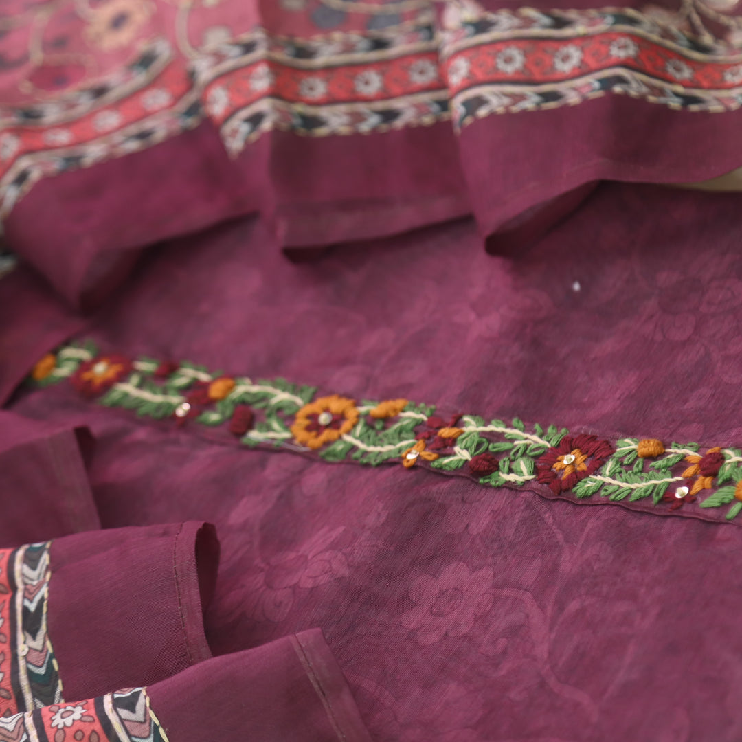 Raabta Vibrant Purple Digital Printed Kantha Work Chanderi Suit Set