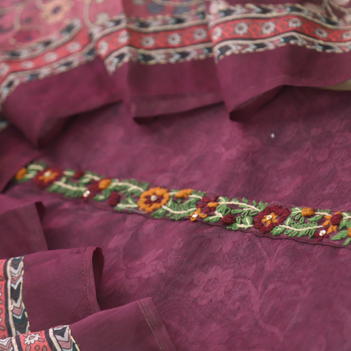 Raabta Vibrant Purple Digital Printed Kantha Work Chanderi Suit Set